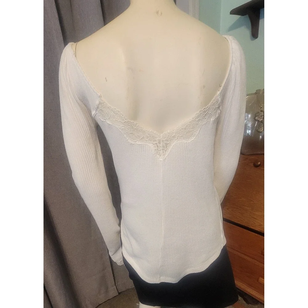 Free‎ People To The West Lace Long Sleeve Ribbed Henley Ivory Bella Babydoll L